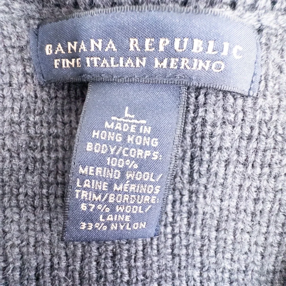 Banana Republic Mens Fine Italian Merino Wool Full Zip Sweater Large Gray Ribbed
